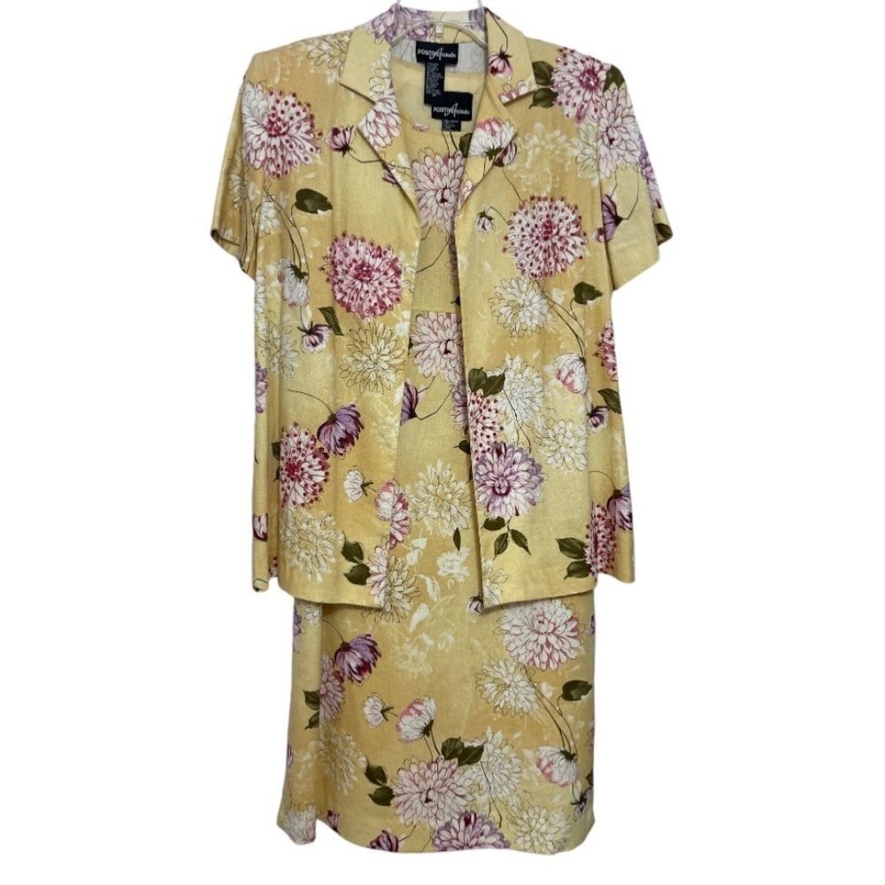 POSITIVE ATTITUDE 2-Piece Linen Jacket‎ Dress Size 12 Yellow Tan Floral Sequins